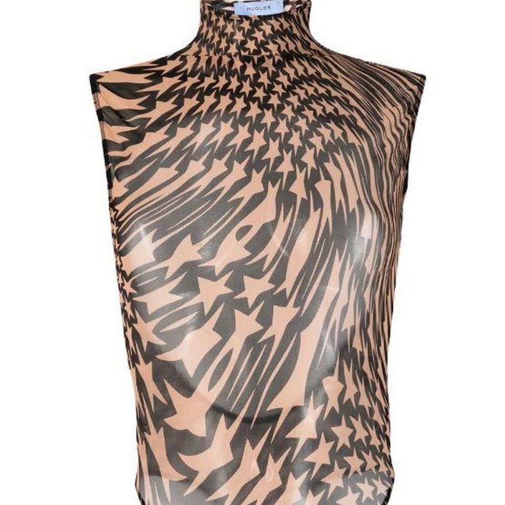 Mugler Black and Tan Star Patterned Bodysuit